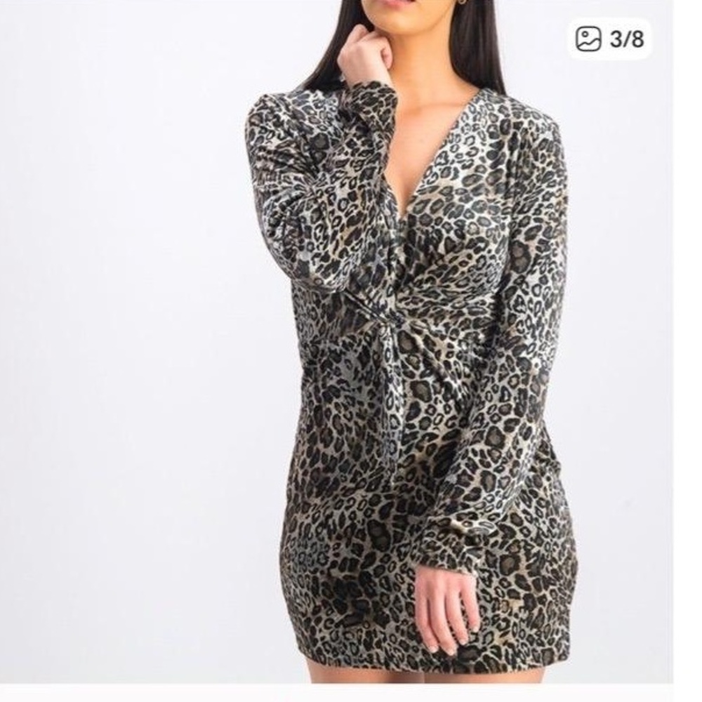 Love Riche Mini Dress Womens Leopard Print Bodycon Twisted Knot Large V Neck NWT - Picture 2 of 15